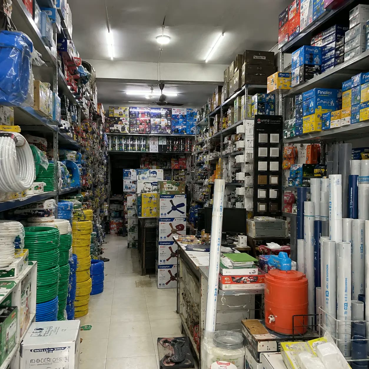 Interior of Cambay Hardware and Electricals, Chennai — shelves stocked with pipes, hoses, electrical boxes and hardware supplies